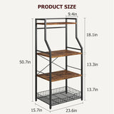 4-Tier Kitchen Bakers Rack & Microwave Oven Stand with Large Wire Basket, Industrial Coffee Bar Station with Hooks, Kitchen Utility Storage