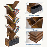 MCQ 7-Tier Tree Bookshelf with Drawer 43IN Wooden Narrow Slim Corner Bookshelf for Small Spaces