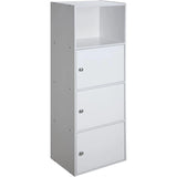 Three-Door Bookcase with Shelves, White Wood Finish Storage Cabinet