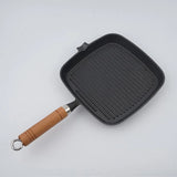 Cast Iron Skillet Steak Pan with Wooden Handle Uncoated Non-stick Frying Pan