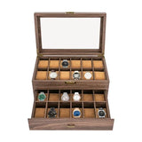 Double-Layer Wood Grain 24-Watch Box Mens Jewelry Holder W/ Drawer