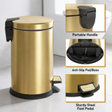 HANSMART 5L Round Gold Stainless Trash Can With Non Skid Base For Kitchen Bathroom