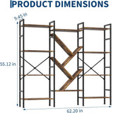 Triple 4 Tier Tree-Shaped Book Shelf 14 Open Display Shelves Wooden Metal Frame Freestanding Storage