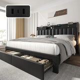 Queen Bed Frame with Headboard ＆ 4 Storage Drawers, Velvet Upholstered