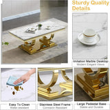 Luxury Marble Coffee Table with Gold Stainless Steel Pedestal Modern 47"