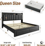 Queen Bed Frame with Headboard ＆ 4 Storage Drawers, Velvet Upholstered