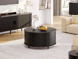 Round 31.5" Modern Coffee Table w/ 360° Curved Sliding Door,Fluted Wood