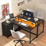 EnHomee L Shaped Computer Desk with LED Lights & Power Outlet Reversible Corner Desk with 3 Drawers & Monitor Stand Gaming Desk