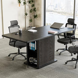 Extendable Black Round Conference Table 43-59in Storage Fluted Wood Slide Doors Office