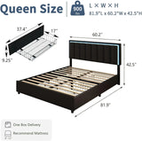 Queen Bed Frame with 4 Drawers, Faux Leather Upholstered, LED Lights