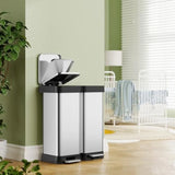 16 Gallon Dual Compartment Trash Can, 60L 2x30L Stainless Steel Step Trash and Recycling Bin,