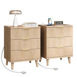 Black Set of 2, 20 Inch Modern Wood Nightstand with Charging Station
