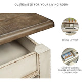 Vintage Inspired Rectangular Lift Top Coffee Table w/ Storage, White&Brown