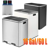 Brushed Stainless Steel 60L/16Gallon Rectangular Hands-Free Dual Compartment Recycling Kitchen Step Trash Can