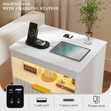 Nightstand with Charging Station, Farmhouse End Side Table with 2 Drawers