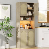 71 Tall Pantry Cabinet with Countertop Kitchen Cabinets with LED Light Strip Microwave Shelf
