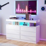 Modern White Dresser with LED Lights & Charging Station, 6 Drawer Storage