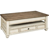 Vintage Inspired Rectangular Lift Top Coffee Table w/ Storage, White&Brown