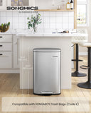 SONGMICS 13 Gallon (50 L) Trash Can, Stainless Steel Kitchen Garbage Can, Recycling or Waste Bin, Soft Close,