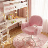 Vanity Chair Round Hollow Back Height Adjustable Faux Fur Wheels Arms Makeup Bedroom