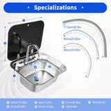 304 Stainless Steel RV Sink Kit Retractable Rotatable Faucet Tempered Glass Flip Lid Deep Basin Space-Saving