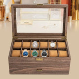 Double-Layer Wood Grain 24-Watch Box Mens Jewelry Holder W/ Drawer