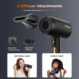 Portable Ionic Hair Dryer with Diffuser for All Hair Types - Low Noise