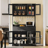 Black Tall Kitchen Pantry Cabinet with Microwave Stand, Storage Hutch, and Acrylic Doors