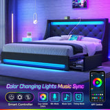 Queen Bed Frame with LED Lights and Charging Station, Noise Free