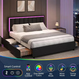 Queen Bed Frame with 4 Drawers, Faux Leather Upholstered, LED Lights