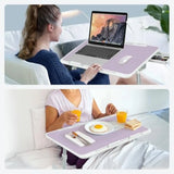 Laptop lap desk for bed use, purple ABS plastic, includes cooling fan, adjustable