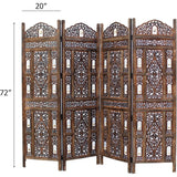 Antique Brown 4-Panel Folding Wood Screen with Ghanti Bells