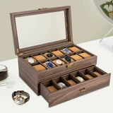 Double-Layer Wood Grain 24-Watch Box Mens Jewelry Holder W/ Drawer