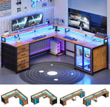 L Shaped Gaming Desk with 4 Drawers, Computer Desk with Display Cabinet