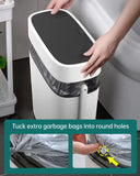 Plastic Garbage Can with Toilet Brush Holder, Black Locking Press Top Lid, Rectangular, Bathroom Trash Can, White, 14 Liter