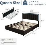 Queen Bed Frame with 4 Drawers, Faux Leather Upholstered, LED Lights