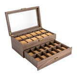 Double-Layer Wood Grain 24-Watch Box Mens Jewelry Holder W/ Drawer