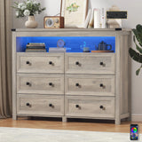 6 Drawer Dresser with Lights and Open Space for Bedroom, Wood Dressers