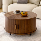 Round 31.5" Modern Coffee Table w/ 360° Curved Sliding Door,Fluted Wood