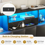 Wooden Bed Frame with Charging Station, Storage Drawers and LED Lights