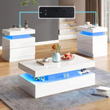 High Gloss 3 Pieces Living Room Table Set, Modern LED Coffee Table Sets