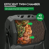 Large Compost Tumbler Bin Dual Chamber 43Gal Rotating Composter Sliding Doors