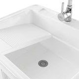 Freestanding Utility Sink w/ Washboard Floor Mount Hot + Cold Faucet Kit White Durable Laundry Sink Wash Bowl Basin Faucet Drain