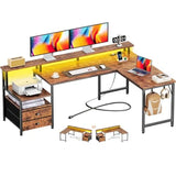 66 L Shaped Computer Desk with Power Outlet LED Lights Reversible Corner Home Office Desk