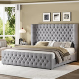 King Size Platform Bed Frame, 6.3” Thick Upholstered Curved Headboard