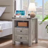 Nightstands Set of 2 with Charging Station, Farmhouse End Table 2 Drawers Shelf, Wood Side Cabinet for Bedroom