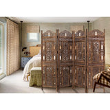 Antique Brown 4-Panel Folding Wood Screen with Ghanti Bells