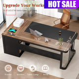 Walnut Executive Desk With Power Outlet Drawers Lateral File Cabinet Adjustable