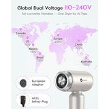 Travel hair dryer for international use, ABS plastic, white, dual voltage 100-240V with ionic