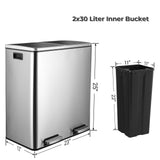AOOU 16 Gallon Stainless Steel Trash Can, 60L Dual Compartment, Metal Kitchen Step Recycle Bin